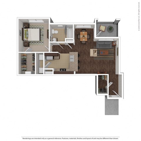 Floor plan for 1 bed, 1 bath, 762 sqft