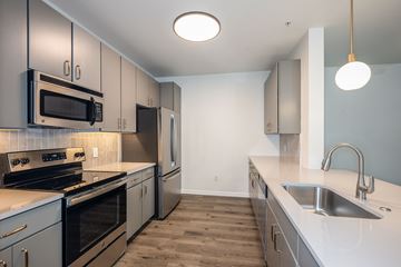 Tampa apartment for rent - A kitchen with a stove top oven, microwave, and refrigerator.