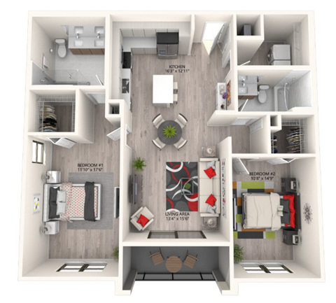 Floor plan for 2 beds, 2 baths, 1171 sqft