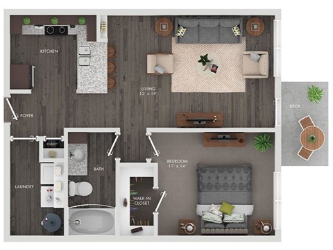 Floor plan for 1 bed, 1 bath, 749 sqft