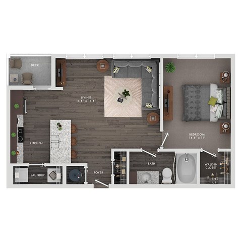 Floor plan for 1 bed, 1 bath, 774 sqft