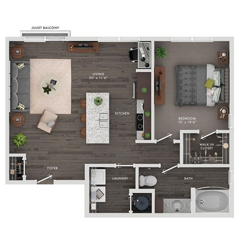 Floor plan for 1 bed, 1 bath, 801 sqft