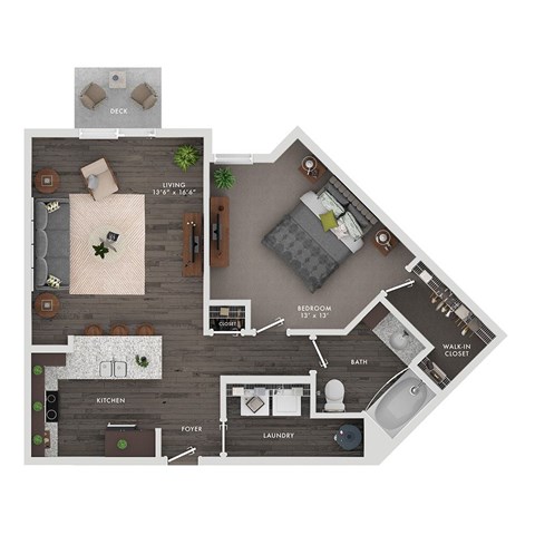 Floor plan for 1 bed, 1 bath, 804 sqft