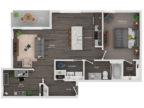 Floor plan for 1 bed, 1 bath, 888 sqft