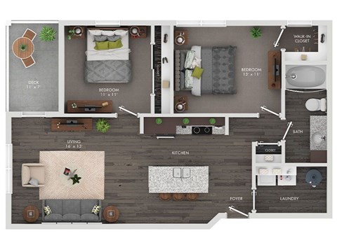 Floor plan for 2 beds, 1 bath, 1021 sqft