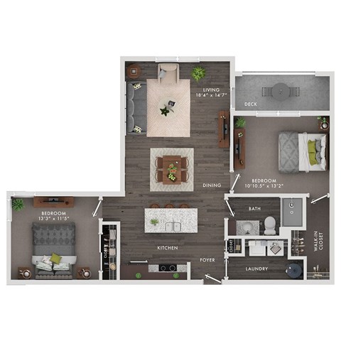 Floor plan for 2 beds, 1 bath, 1101 sqft