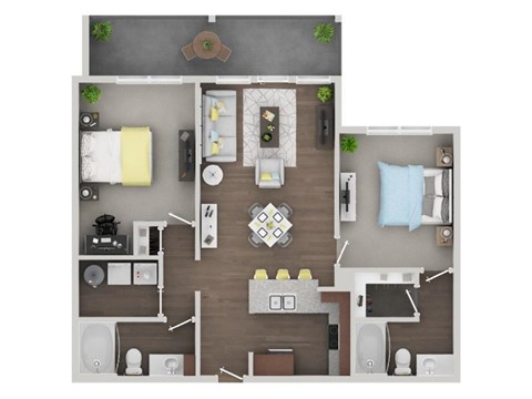 Floor plan for 2 beds, 2 baths, 1050 sqft