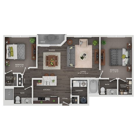 Floor plan for 2 beds, 2 baths, 1046 sqft