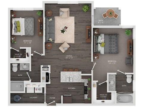 Floor plan for 2 beds, 2 baths