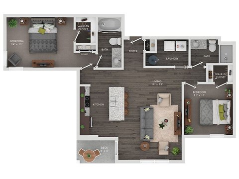 Floor plan for 2 beds, 2 baths, 1079 sqft