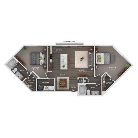 Floor plan for 2 beds, 2 baths