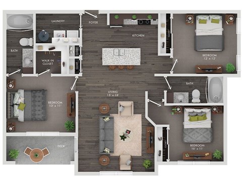 Floor plan for 3 beds, 2 baths, 1233 sqft