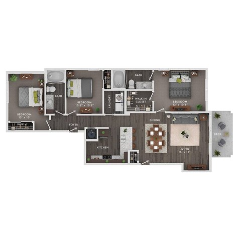 Floor plan for 3 beds, 2 baths, 1432 sqft