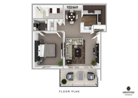 Floor plan for 1 bed, 1 bath, 686 sqft