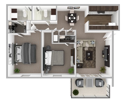 Floor plan for 2 beds, 2 baths, 986 sqft