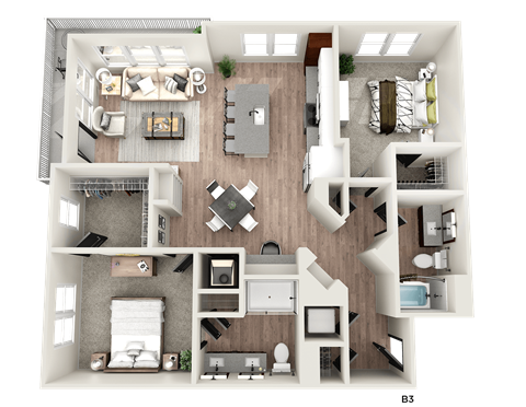 Floor plan for 2 beds, 2 baths, 1358 sqft