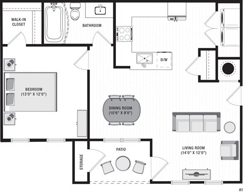 Floor plan for 1 bed, 1 bath, 768 sqft