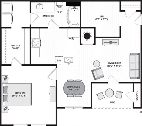 Floor plan for 1 bed, 1 bath, 892 sqft