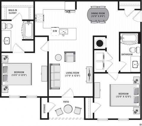 Floor plan for 2 beds, 2 baths, 1146 sqft