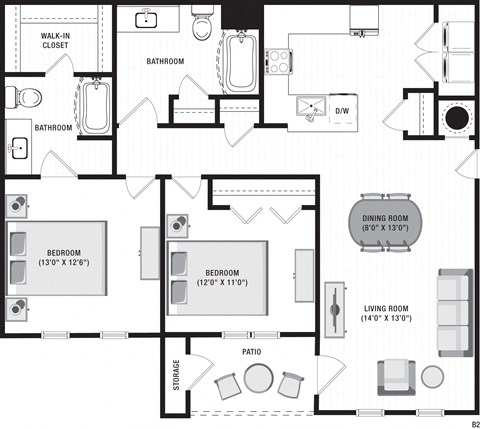 Floor plan for 2 beds, 2 baths, 1170 sqft