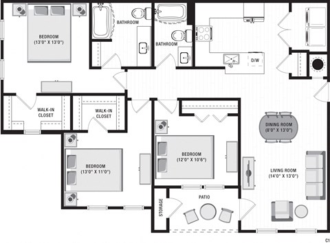Floor plan for 3 beds, 2 baths, 1386 sqft