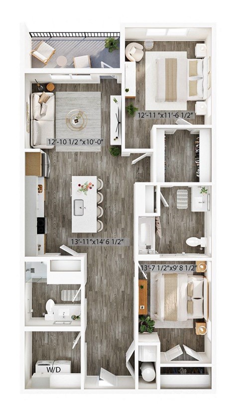 Floor plan for 2 beds, 2 baths, 1151 sqft