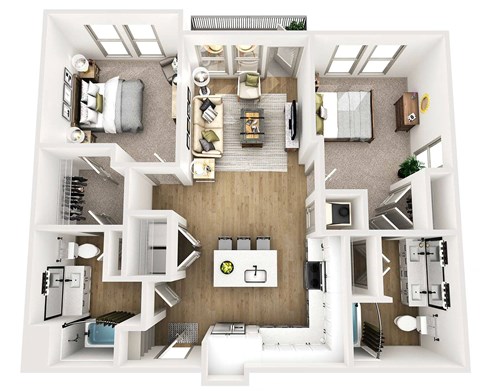 Floor plan for 2 beds, 2 baths, 1073 sqft