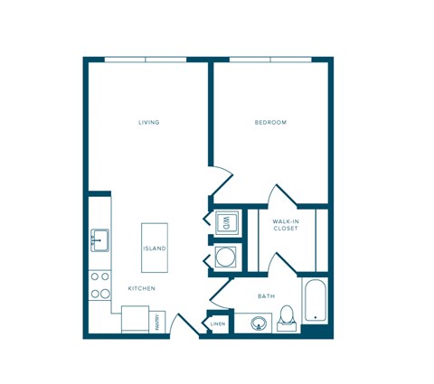 Floor plan for 1 bed, 1 bath, 664 sqft