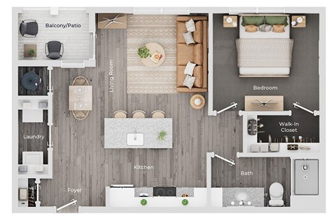 Floor plan for 1 bed, 1 bath, 698 sqft