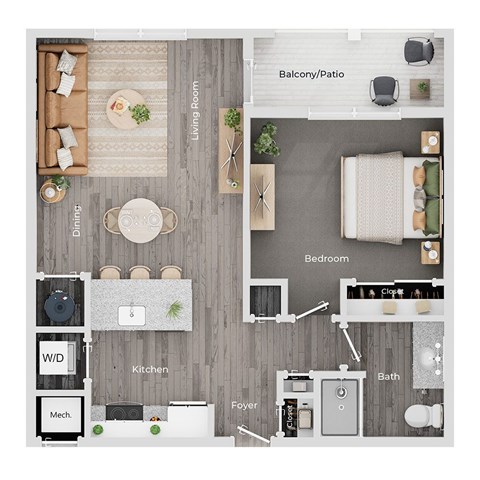 Floor plan for 1 bed, 1 bath, 742 sqft