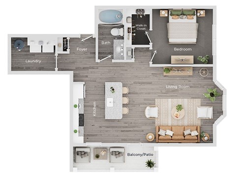 Floor plan for 1 bed, 1 bath, 930 sqft