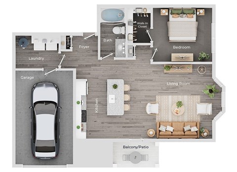 Floor plan for 1 bed, 1 bath, 930 sqft