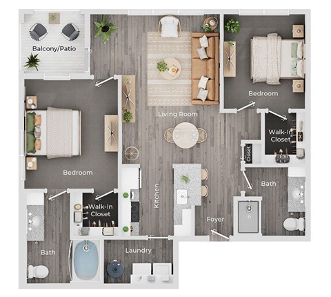 Floor plan for 2 beds, 2 baths, 1028 sqft
