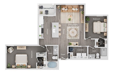 Floor plan for 2 beds, 2 baths, 1052 sqft