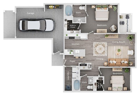 Floor plan for 2 beds, 2 baths, 1105 sqft