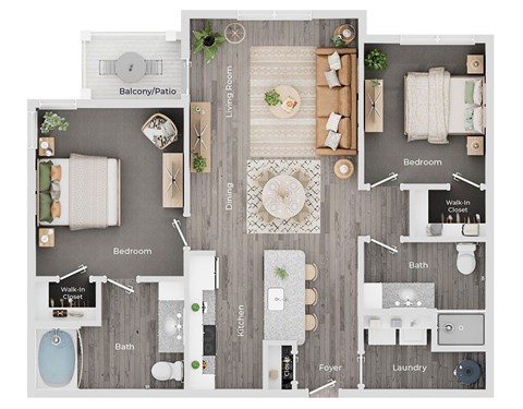 Floor plan for 2 beds, 2 baths, 1105 sqft