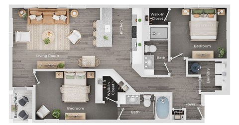 Floor plan for 2 beds, 2 baths, 1175 sqft