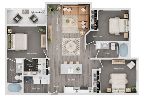 Floor plan for 3 beds, 2 baths, 1271 sqft
