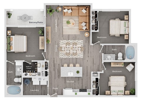 Floor plan for 3 beds, 2 baths, 1312 sqft