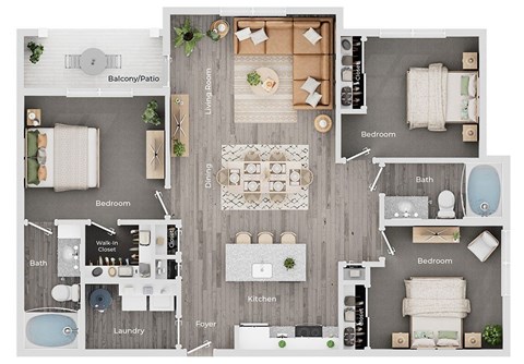 Floor plan for 3 beds, 2 baths, 1312 sqft