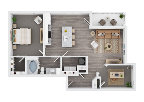 Floor plan for 1 bed, 1 bath, 939 sqft