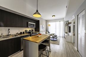Goulds apartment for rent - A modern kitchen with dark wood cabinets and a wooden island.
