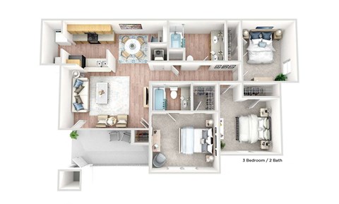 Floor plan for 3 beds, 2 baths, 1085 sqft