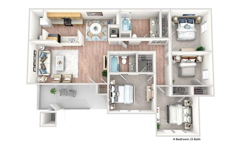 Floor plan for 4 beds, 2 baths, 1333 sqft