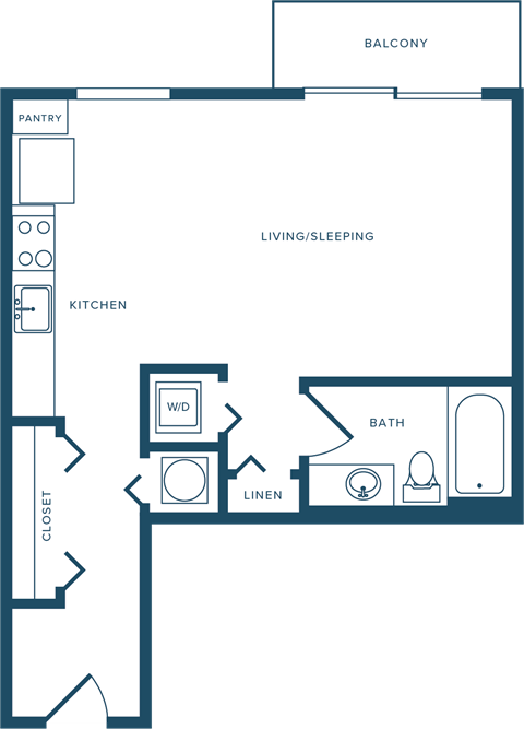 Floor plan for studio, 1 bath, 558 sqft