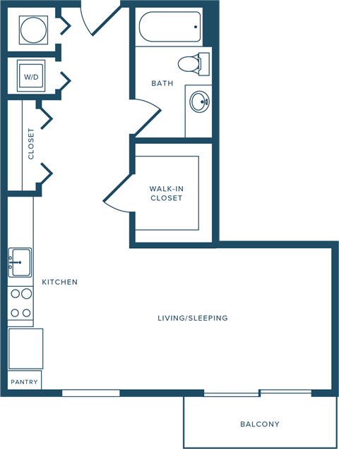 Floor plan for studio, 1 bath, 588 sqft