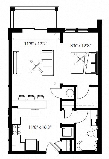 Floor plan for studio, 1 bath, 634 sqft