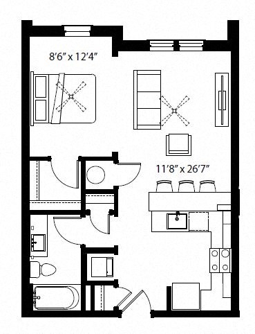 Floor plan for studio, 1 bath, 609 sqft