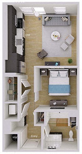Floor plan for studio, 1 bath, 606 sqft