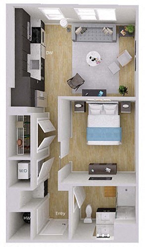 Floor plan for studio, 1 bath, 608 sqft